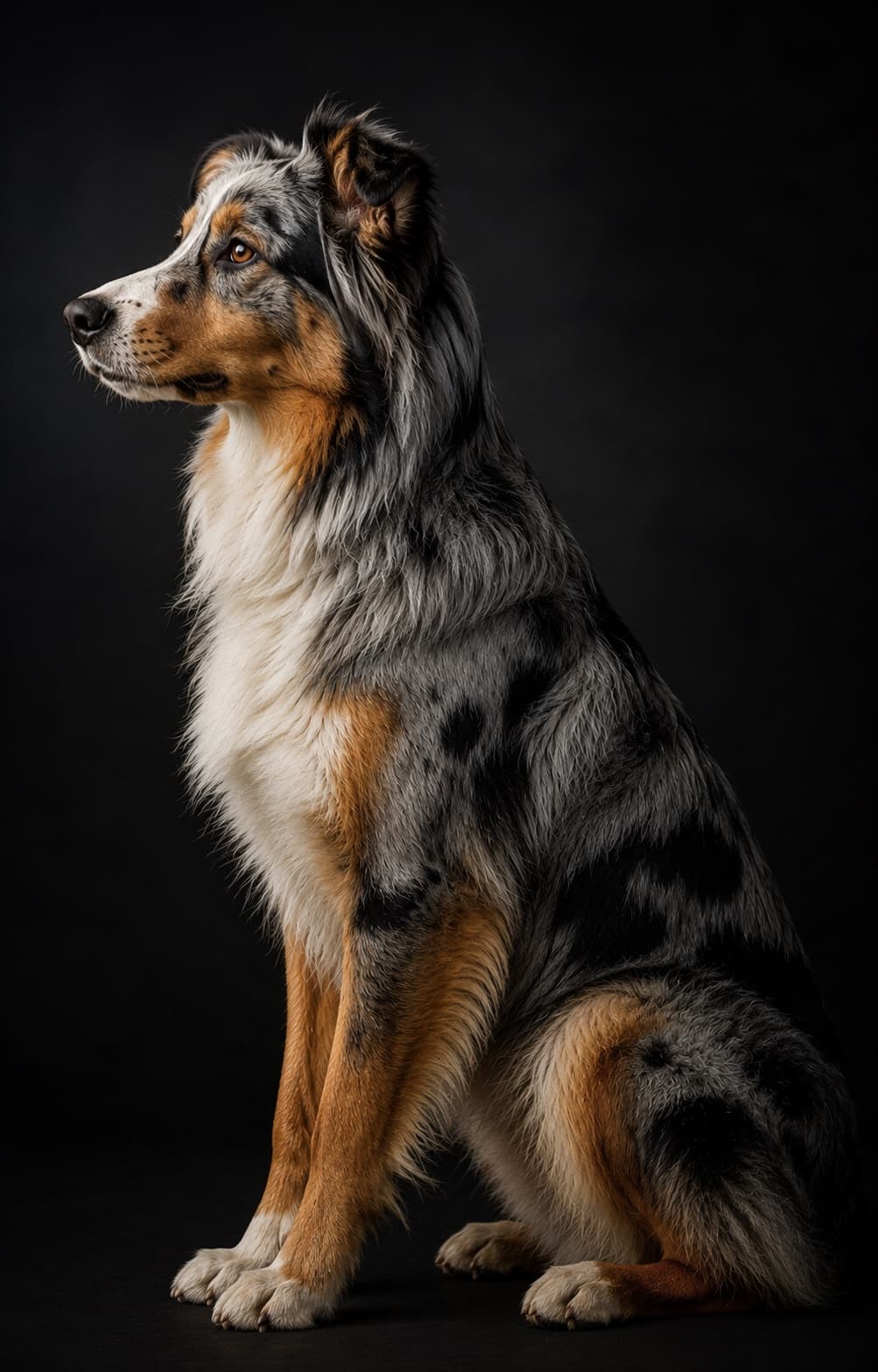 A dog in profile, spotlit against a dark background