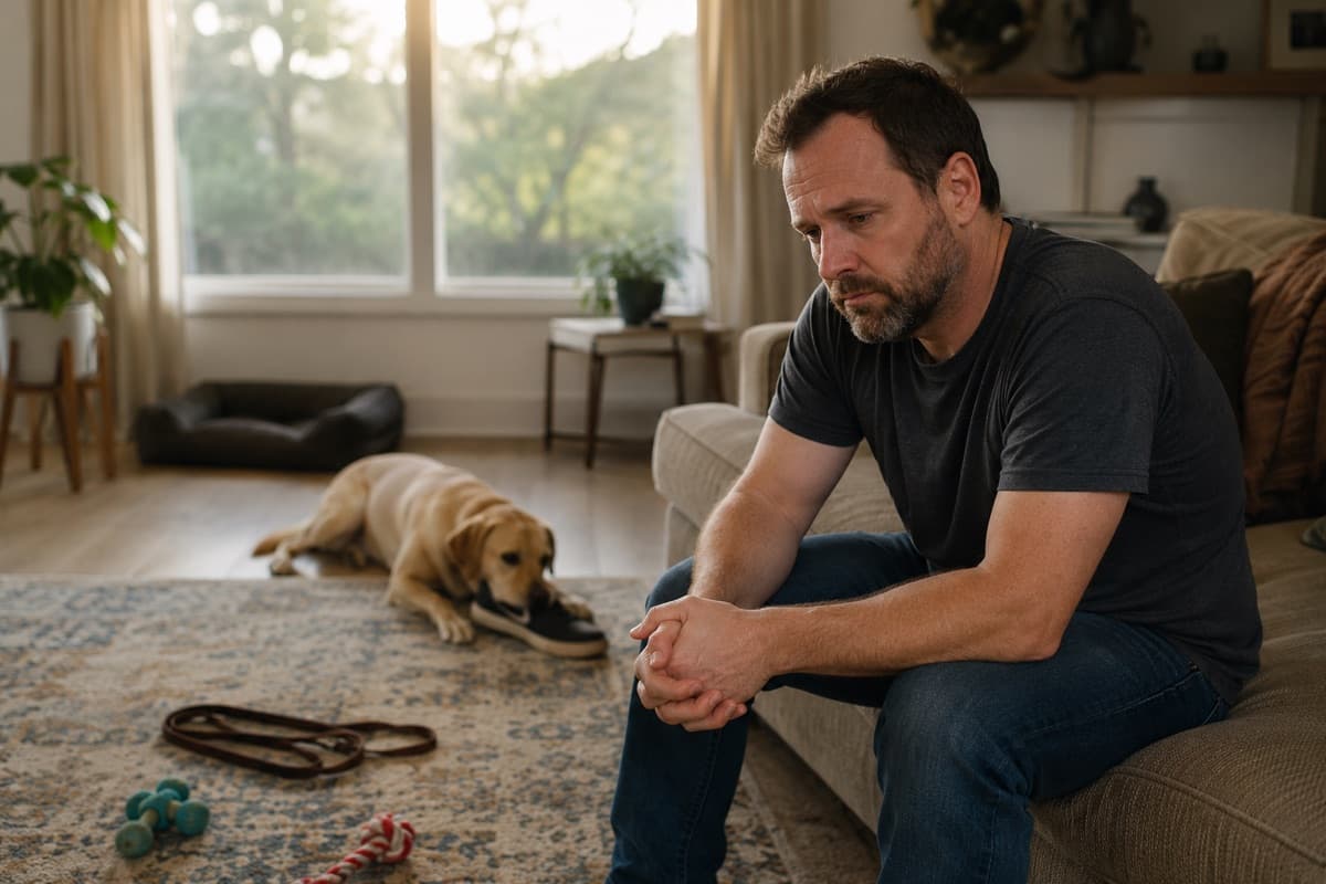 A dog owner sitting with his head down while his dog chews a shoe behind him